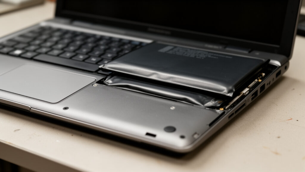 Laptop case lifted by a swollen battery warning sign