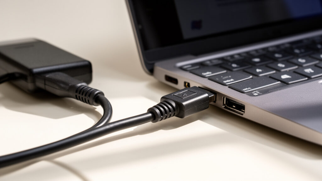 Laptop charger cable and charging port being inspected