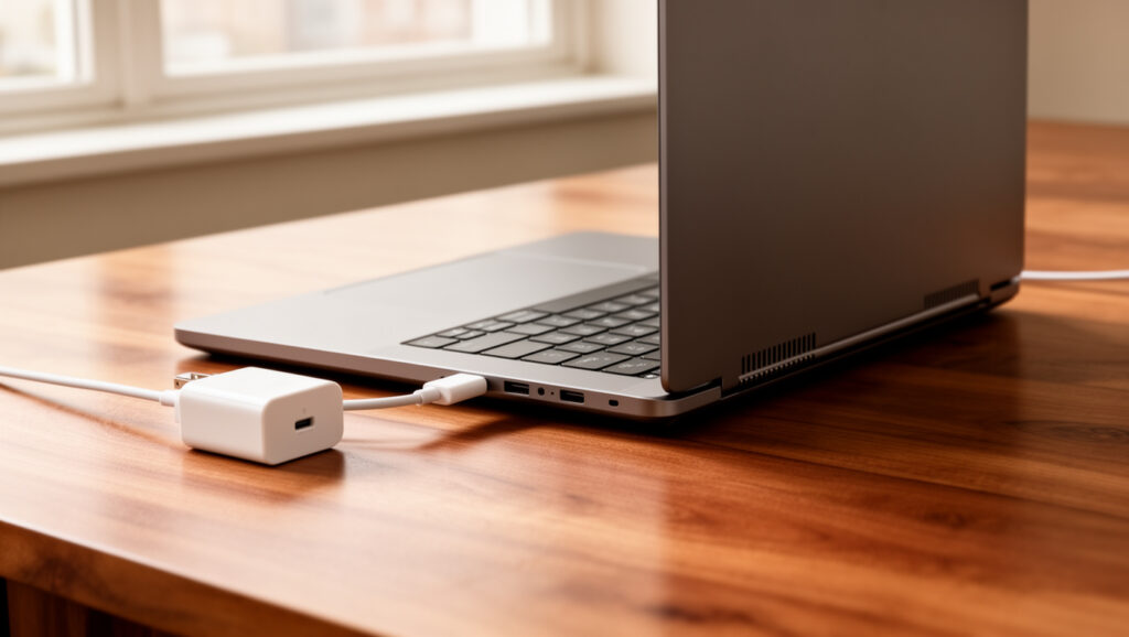 Laptop charging on a stable desk with clear airflow