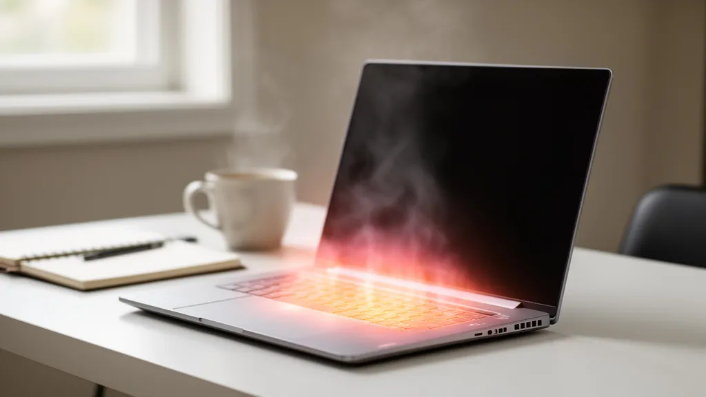 Laptop on a desk with subtle heat glow from the keyboard and vents