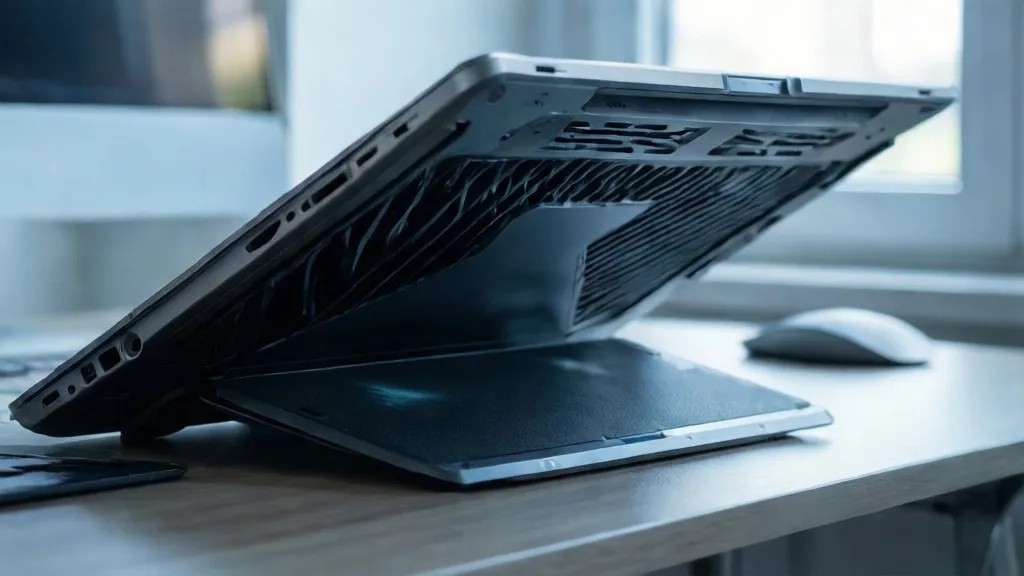Laptop underside with clear vents raised above a cooling pad