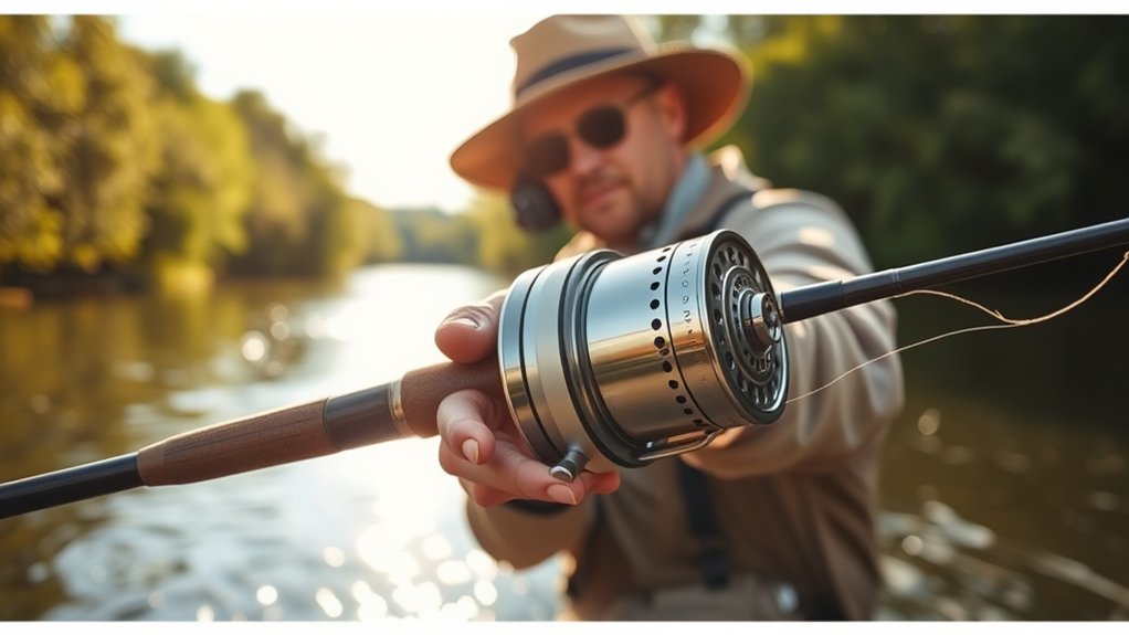 angler mastering centerpin fishing techniques with controlled float drift in a river pool
