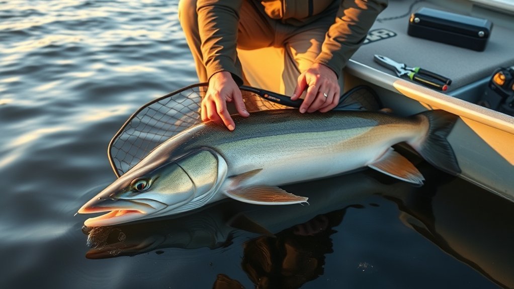safe muskie catch and release with large net wet bump board and long pliers