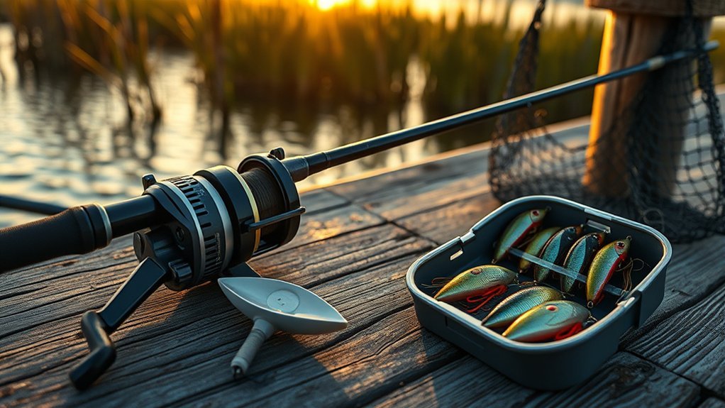 heavy muskie rod reel braided line leaders and large lures laid out for fishing