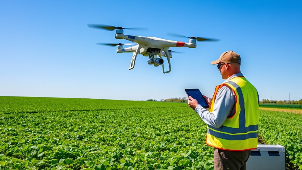 Drone in flight capturing NDVI data over a crop field.