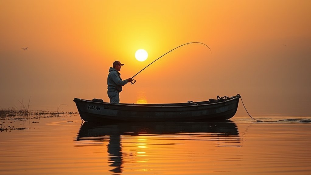 muskie angler studying local water structure and recording fishing notes