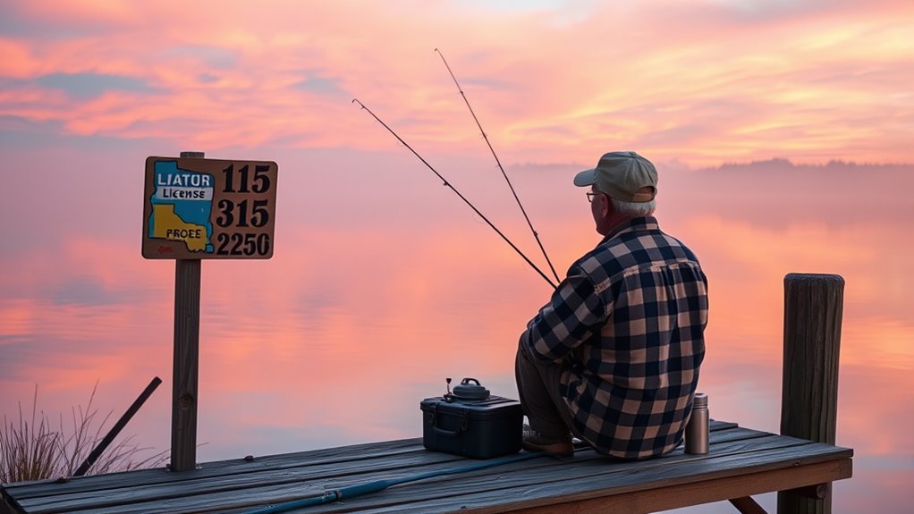 Angler fishing from a wooden pier at sunset