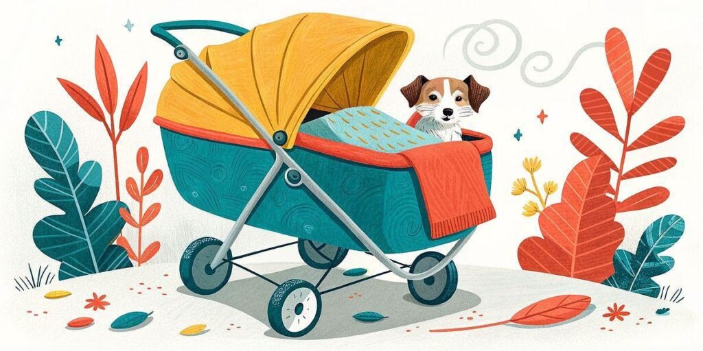 Illustration of a small dog riding in a pet stroller