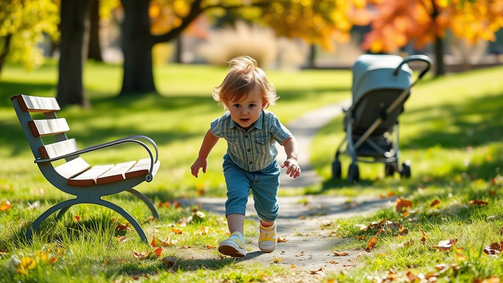 toddler actively exploring outdoors while building independence