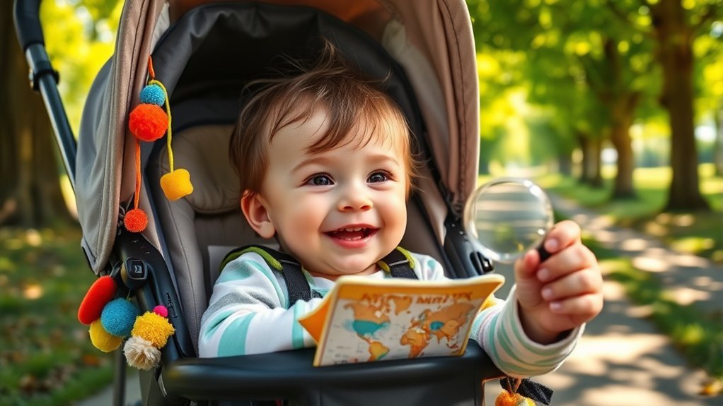 Toddler enjoying an adventure-filled stroller ride outdoors