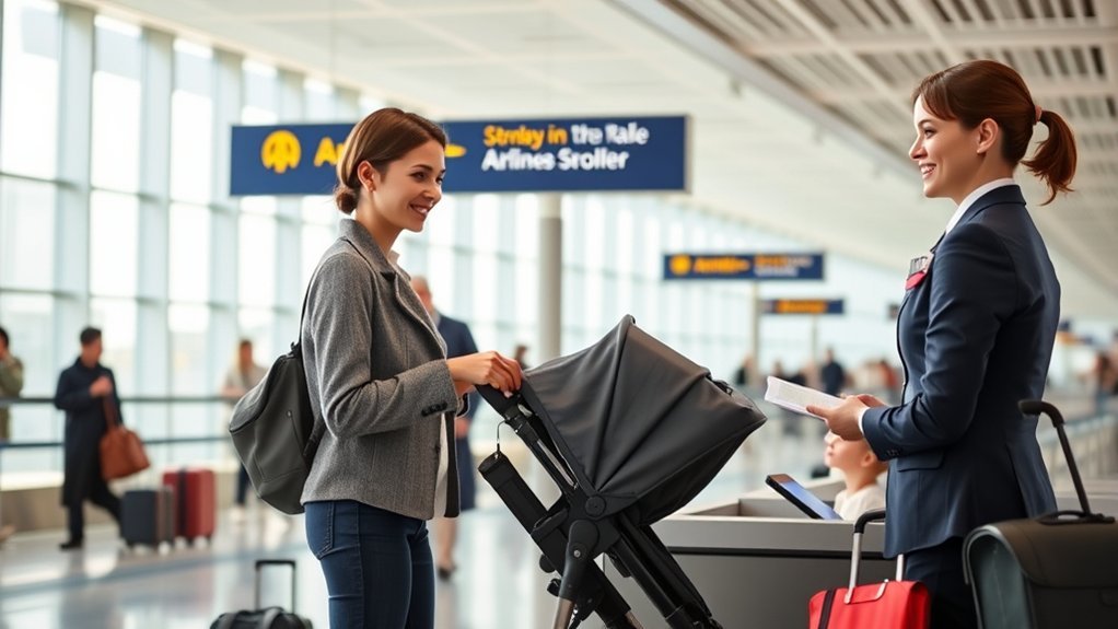 Airline check-in counter with stroller check-in guidelines for families