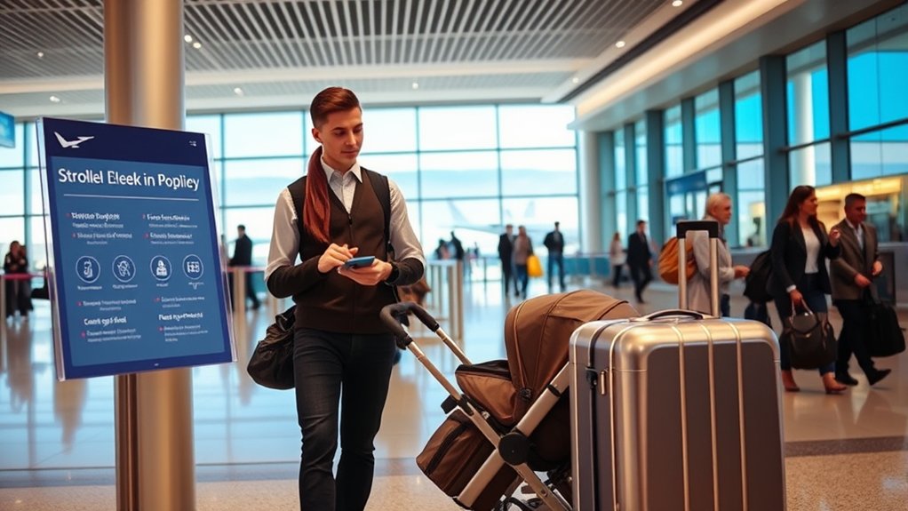 parent checking stroller at airline counter before a family flight