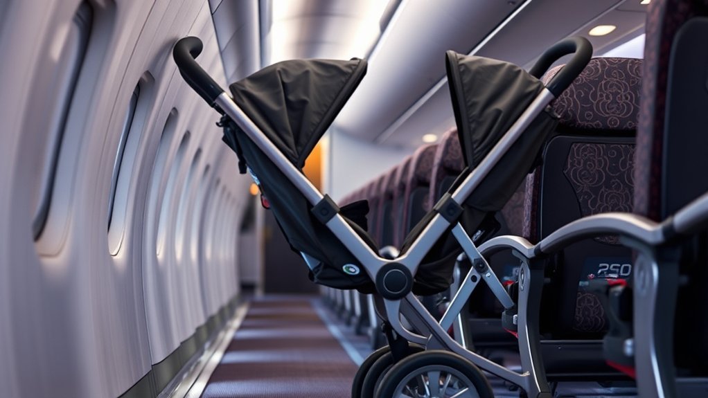 folded stroller being measured for airline size limits