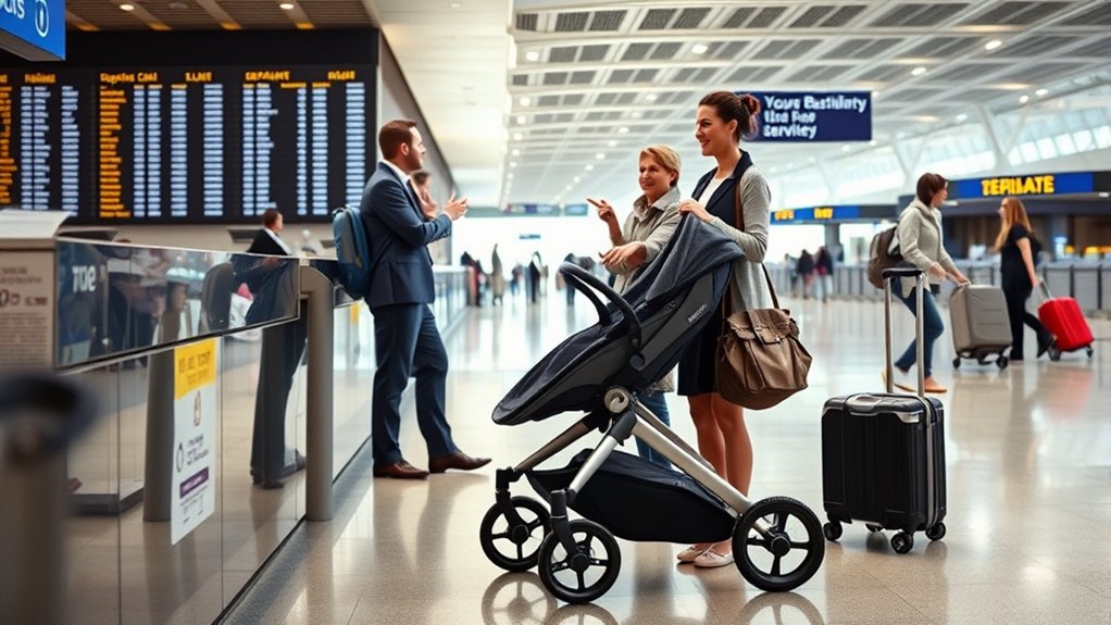 airline staff handling stroller transport policies at an airport