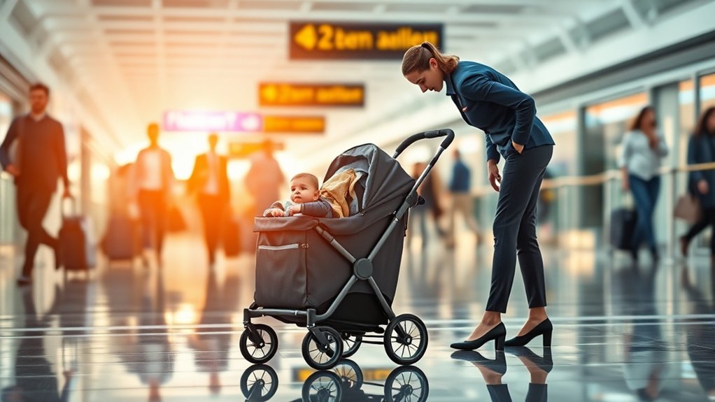 Parent checking airline stroller wagon policies before a flight
