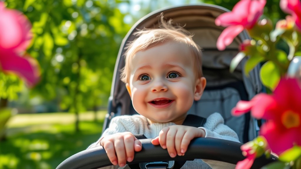 baby showing stable head and body control in a stroller seat