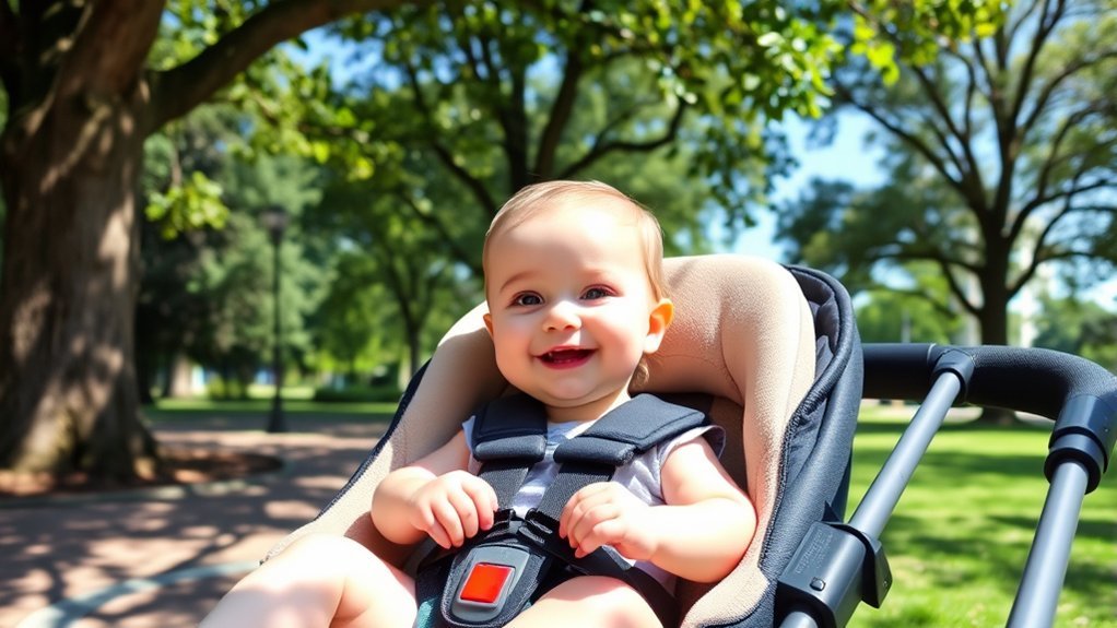 baby showing readiness for stroller seat by sitting with steady head control