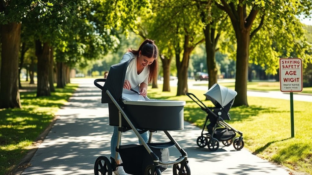 parent checking baby stroller harness during bassinet to seat transition
