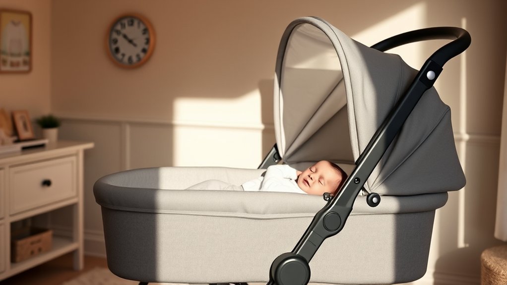parent checking stroller bassinet usage guidelines before transitioning baby to stroller seat