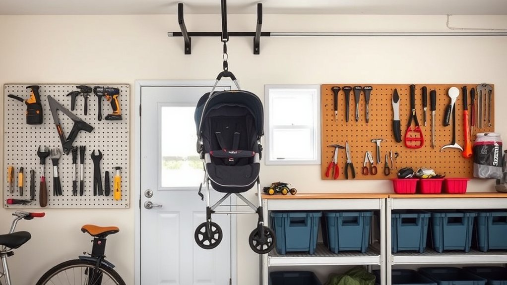 budget friendly DIY stroller storage solutions in a garage