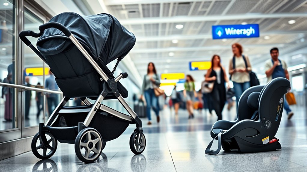 FAA-approved car seat installed on an airplane seat for child travel