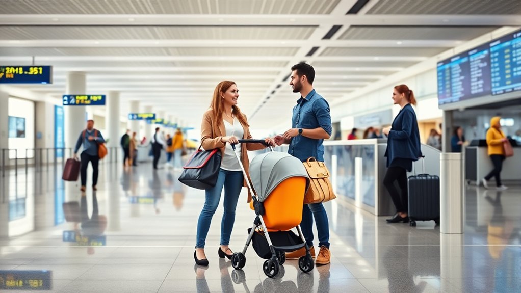 Two child car seats and a folded stroller positioned near an airplane.