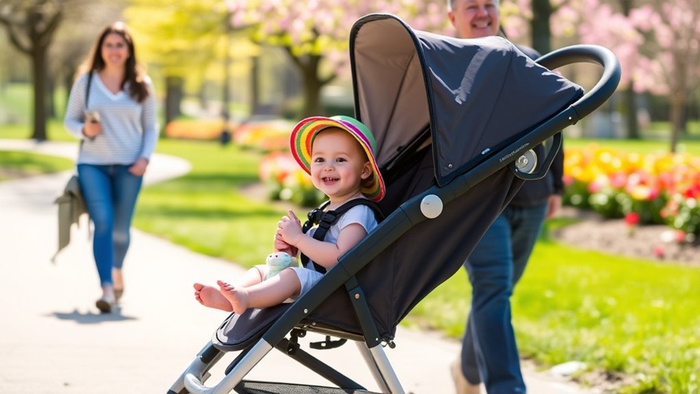 baby sitting upright with developmental readiness for an umbrella stroller