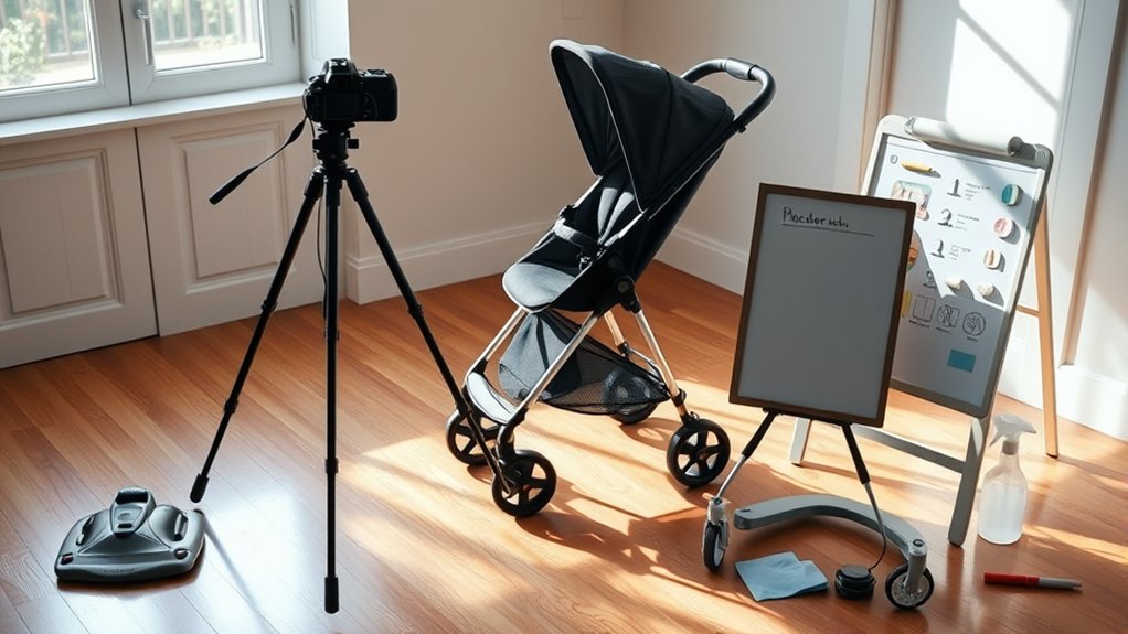 cleaning and photographing a stroller before shipping