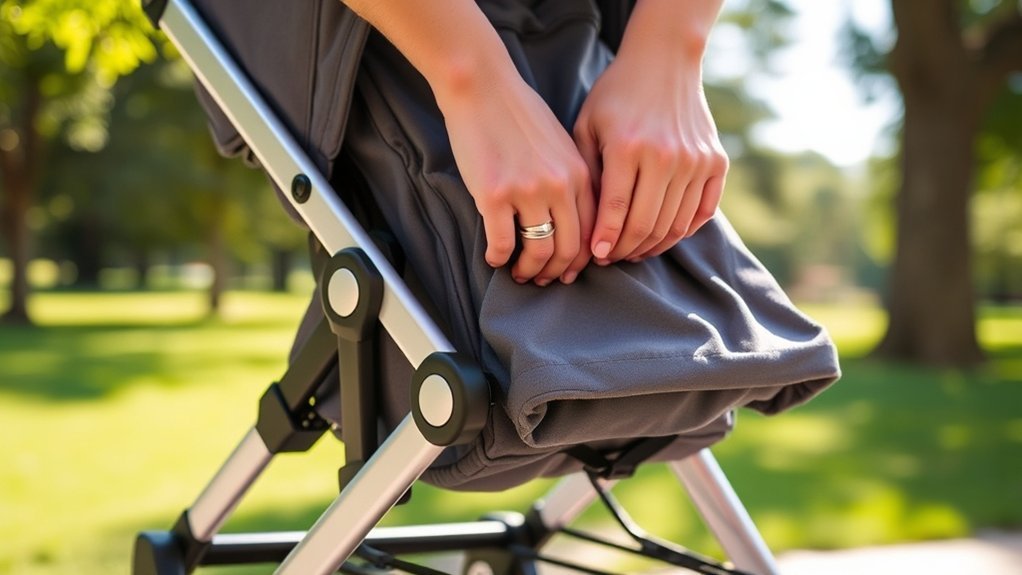 Parent safely collapsing a Bugaboo Donkey stroller