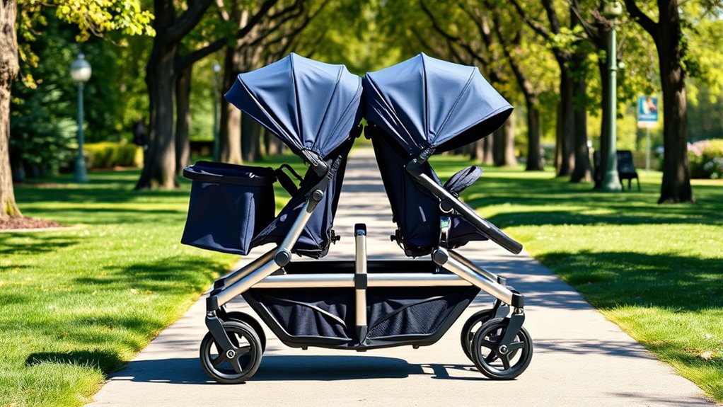 Parent using a side-by-side double stroller for convenient family outings