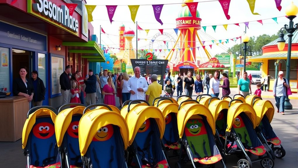 family navigating Sesame Place with stroller and park amenities