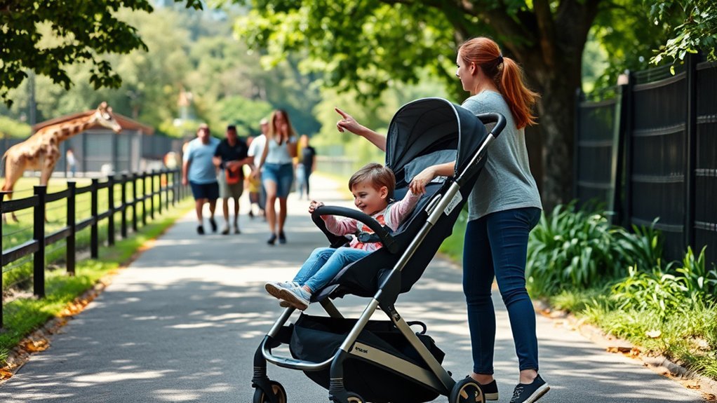 stroller with convenient storage and safety features at the zoo