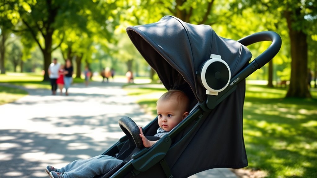 cooling airflow from a safe stroller fan during a warm walk