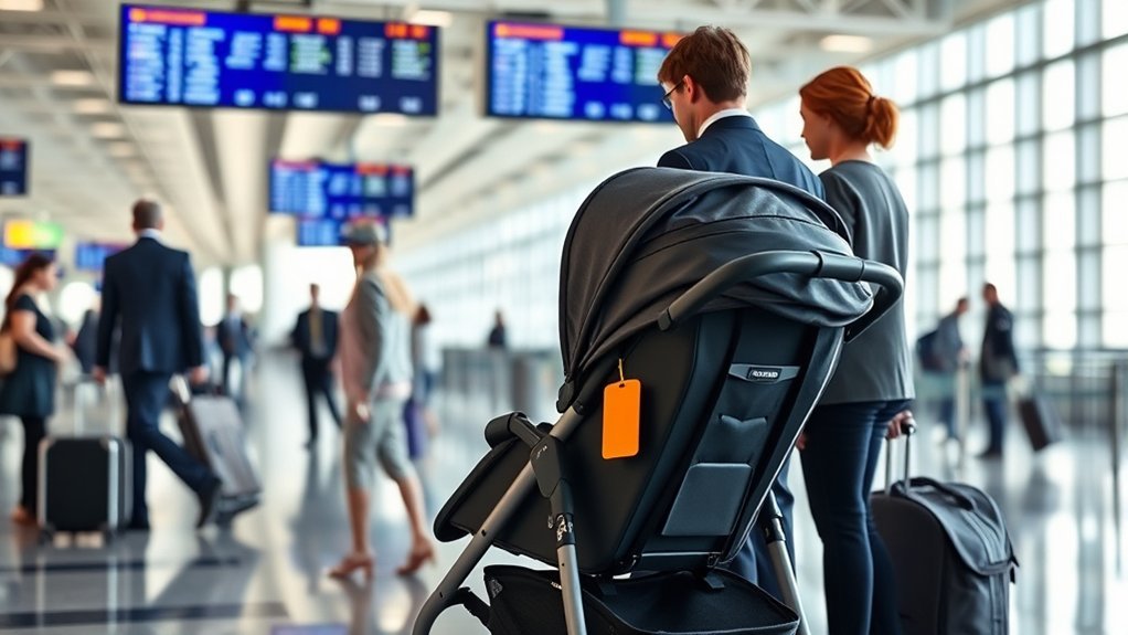 family saving time and money by gate-checking a stroller