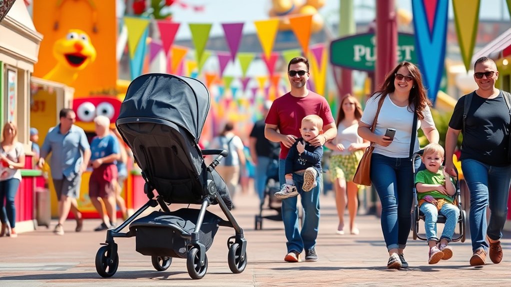 child resting comfortably in a stroller during a theme park visit