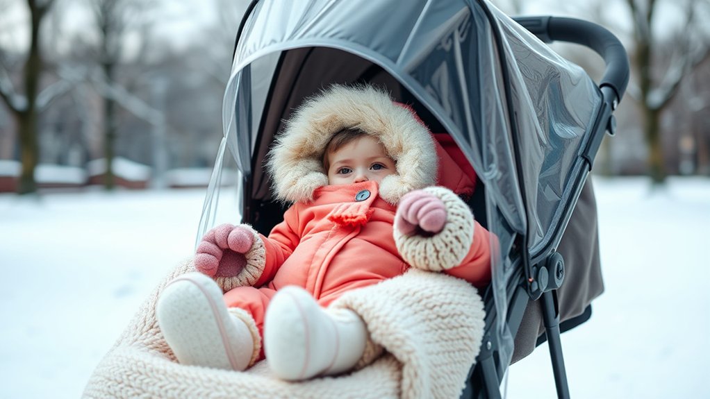 cozy baby in winter stroller outing