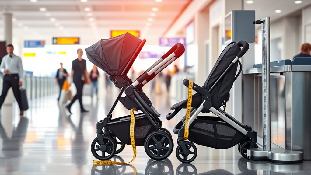 Double stroller folded for airport gate check and airline stroller policy review