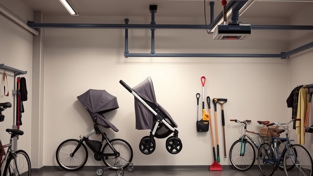 organized garage wall storage area with stroller storage solutions