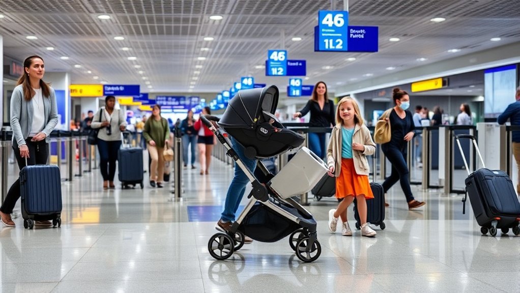 family getting through airport efficiently with stroller and car seat