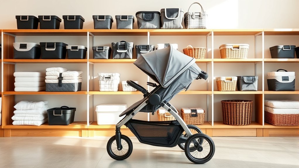 Double stroller storage basket and parent storage solutions