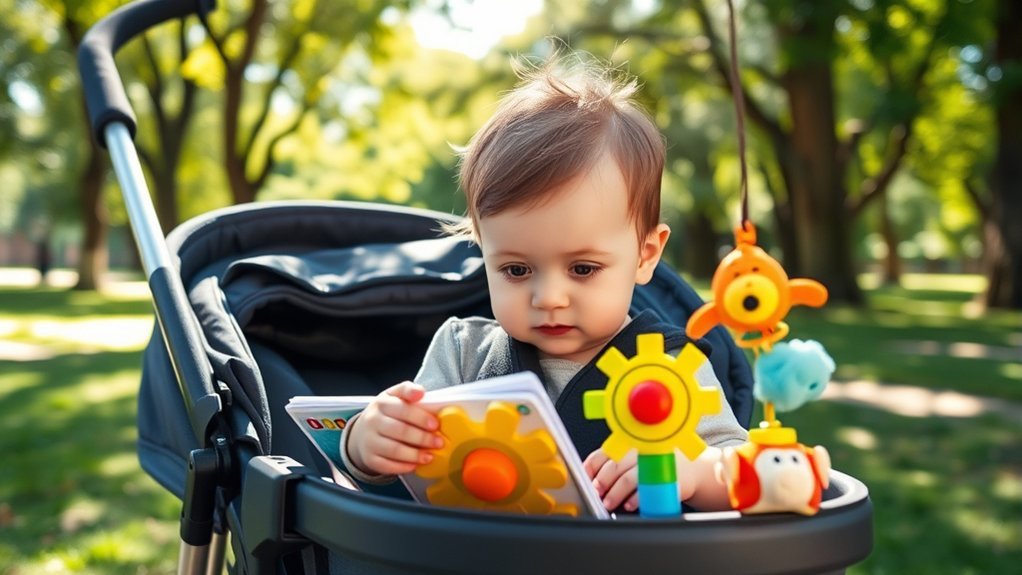 Parent empowering a toddler by offering choices during a stroller outing