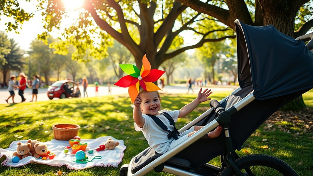 Toddler taking a fun break during an engaging stroller outing