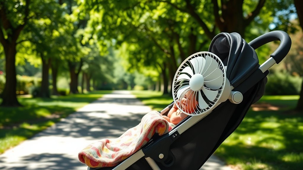 baby staying comfortable in a stroller with gentle fan airflow