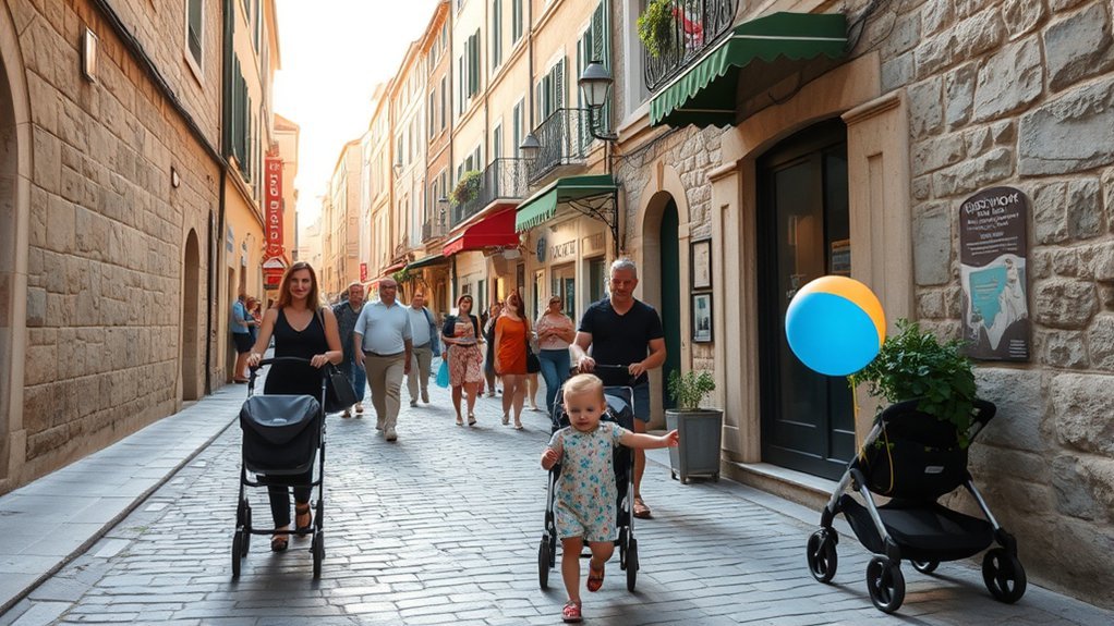 Parents exploring Dubrovnik with young children and travel gear