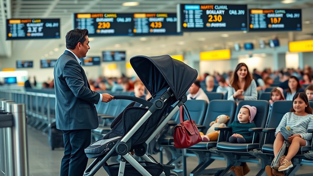 Family boarding with stroller and luggage at an airport gate