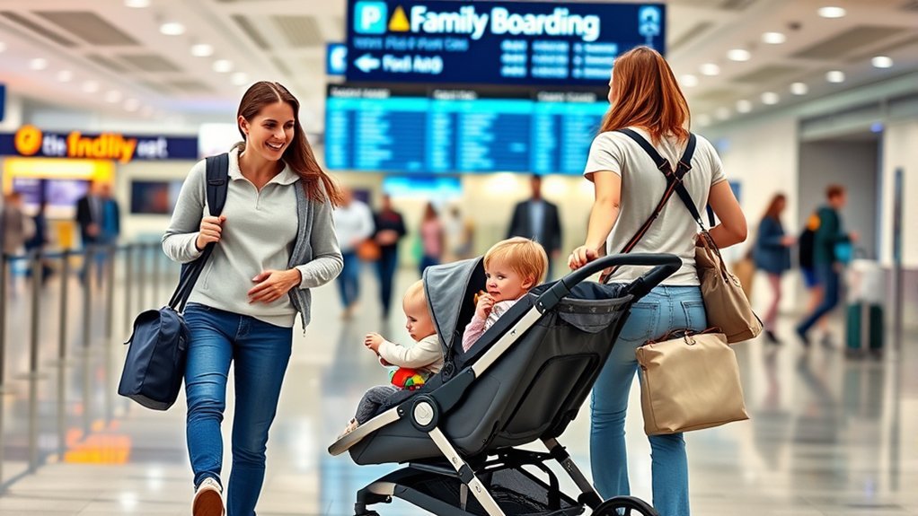 family boarding early with young children and stroller
