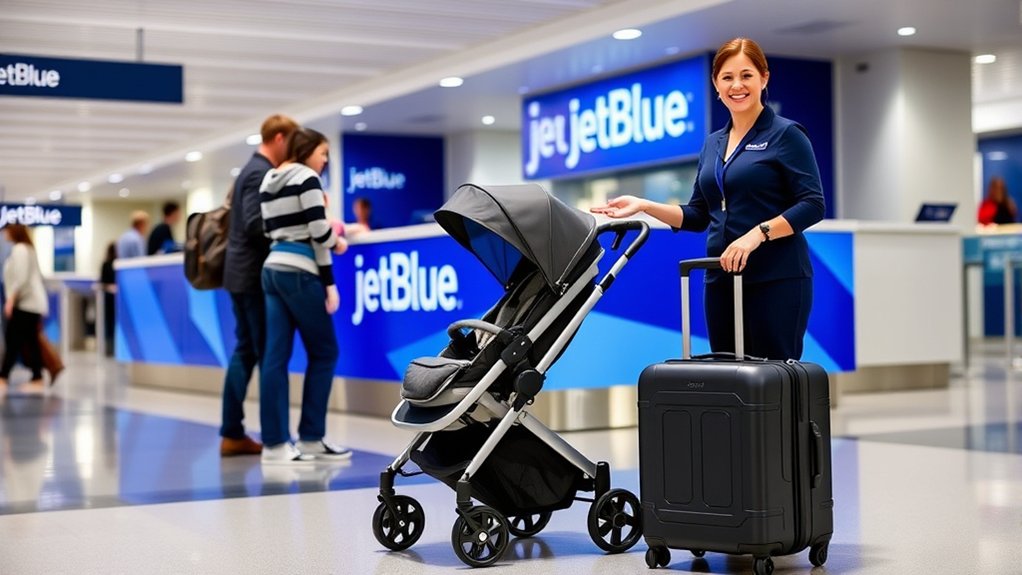 Family traveling through an airport with a stroller and baby gear