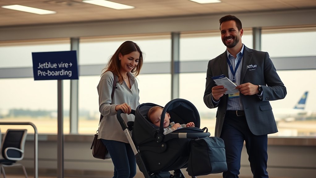 Family with stroller preparing to board a flight early