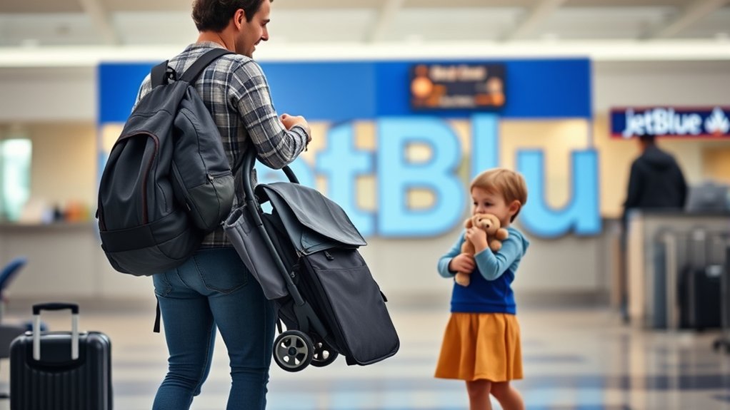 Parent booking a family flight while preparing stroller travel plans