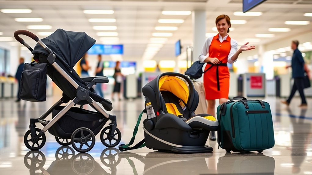 A family using a stroller and baby carrier together while traveling.